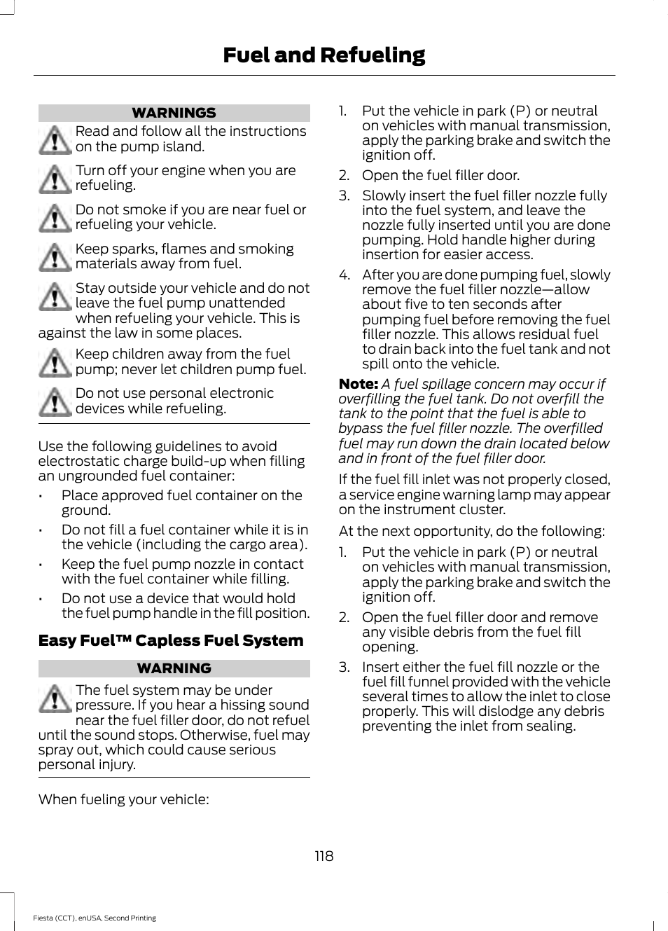 Fuel and refueling | FORD 2015 Fiesta User Manual | Page 121 / 423