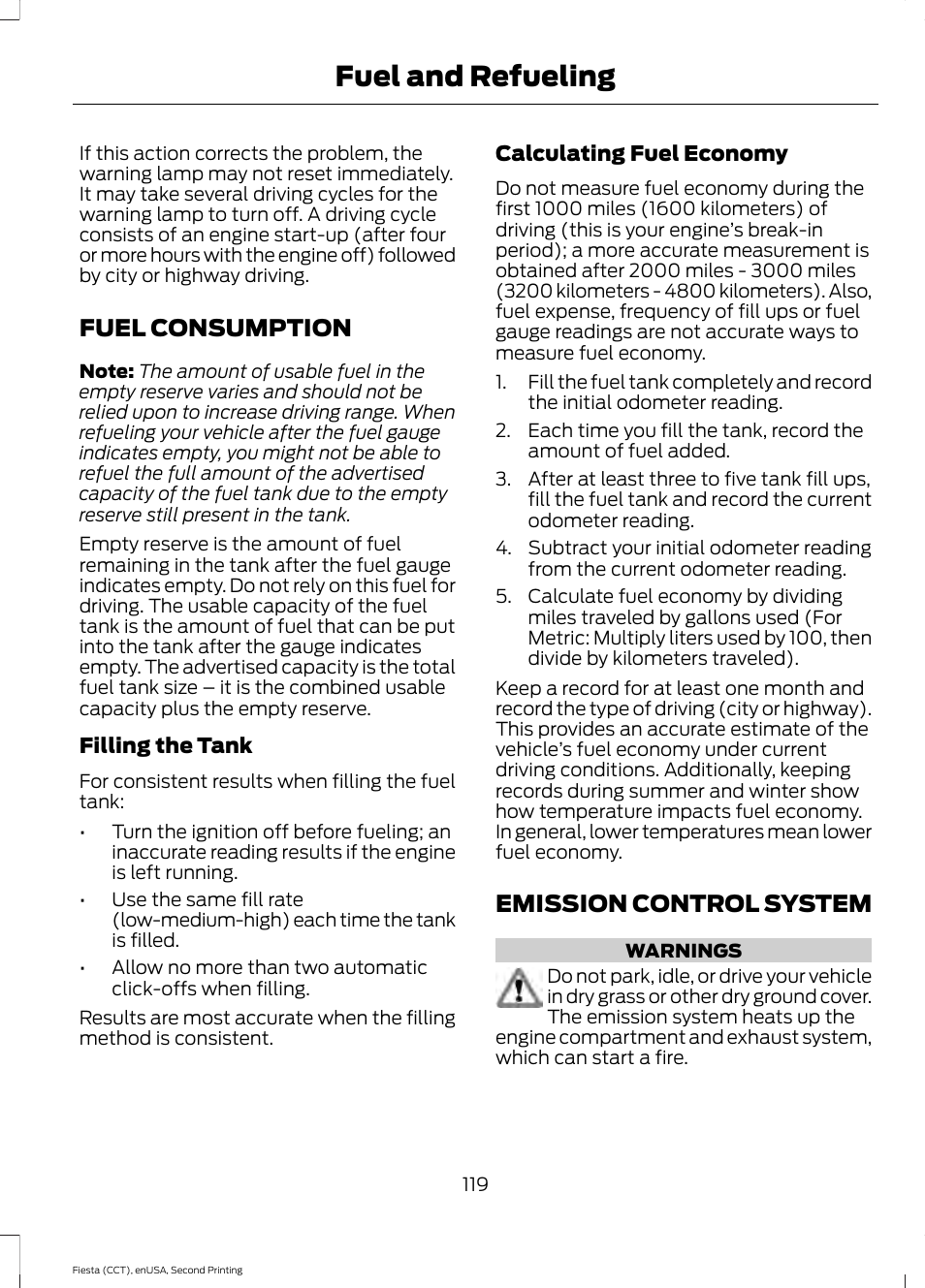 Fuel consumption, Emission control system, Fuel consumption emission control system | Fuel and refueling | FORD 2015 Fiesta User Manual | Page 122 / 423