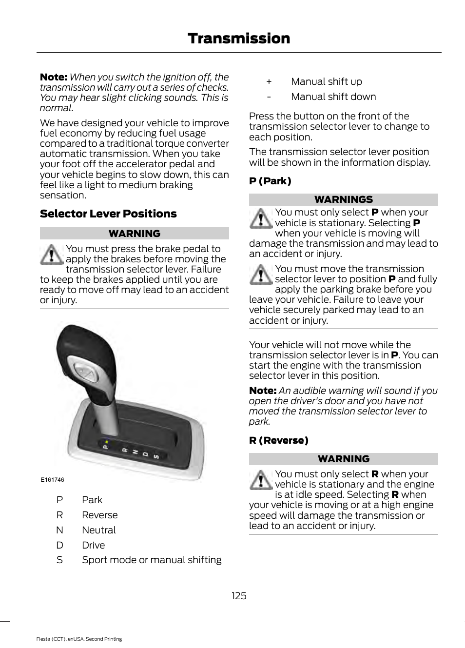 Transmission | FORD 2015 Fiesta User Manual | Page 128 / 423