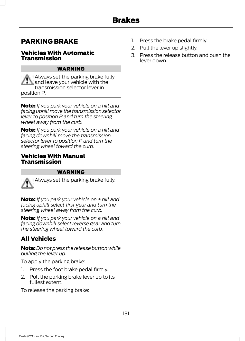 Parking brake, Brakes | FORD 2015 Fiesta User Manual | Page 134 / 423