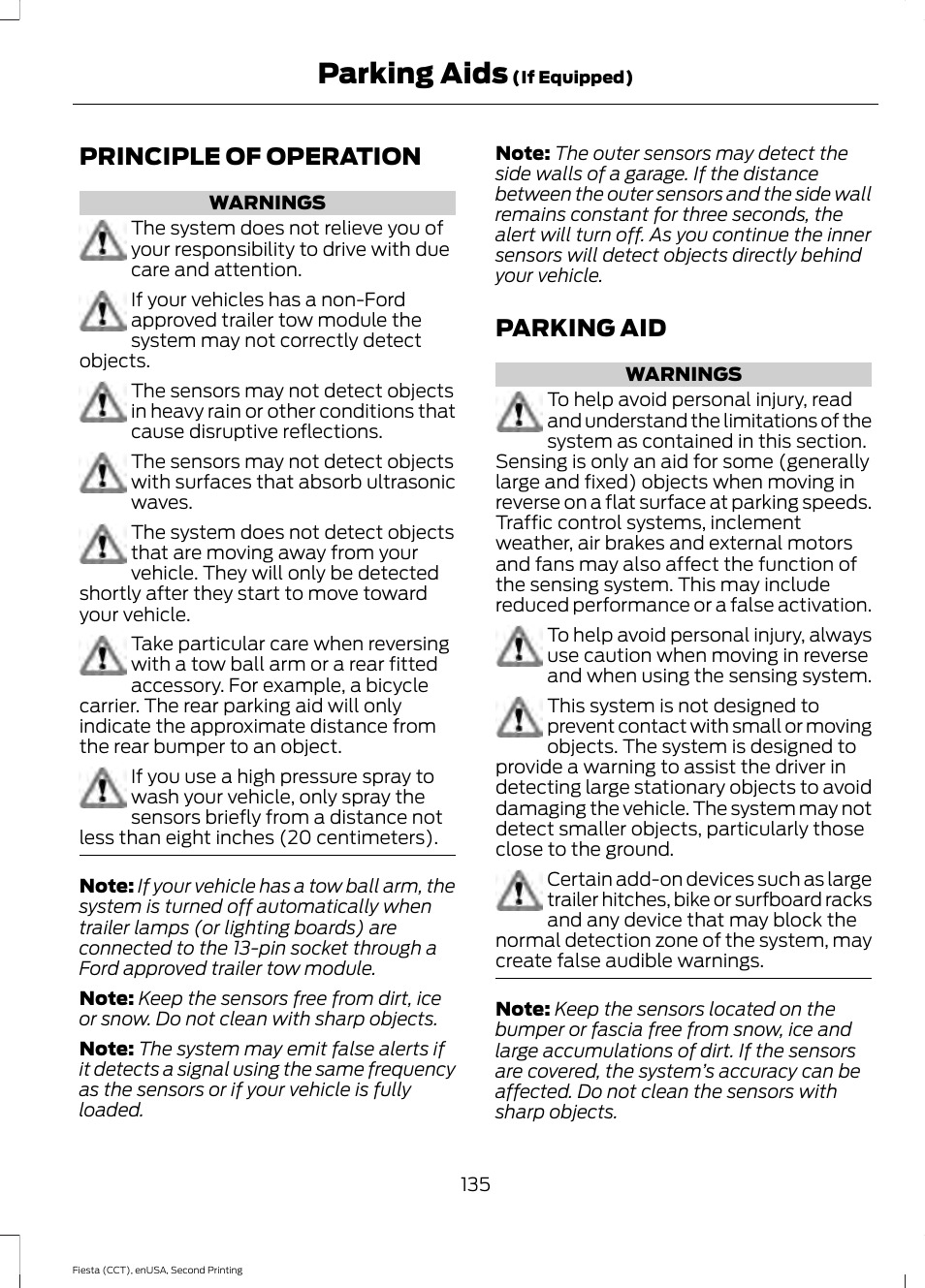 Parking aids, Principle of operation, Parking aid | Principle of operation parking aid | FORD 2015 Fiesta User Manual | Page 138 / 423