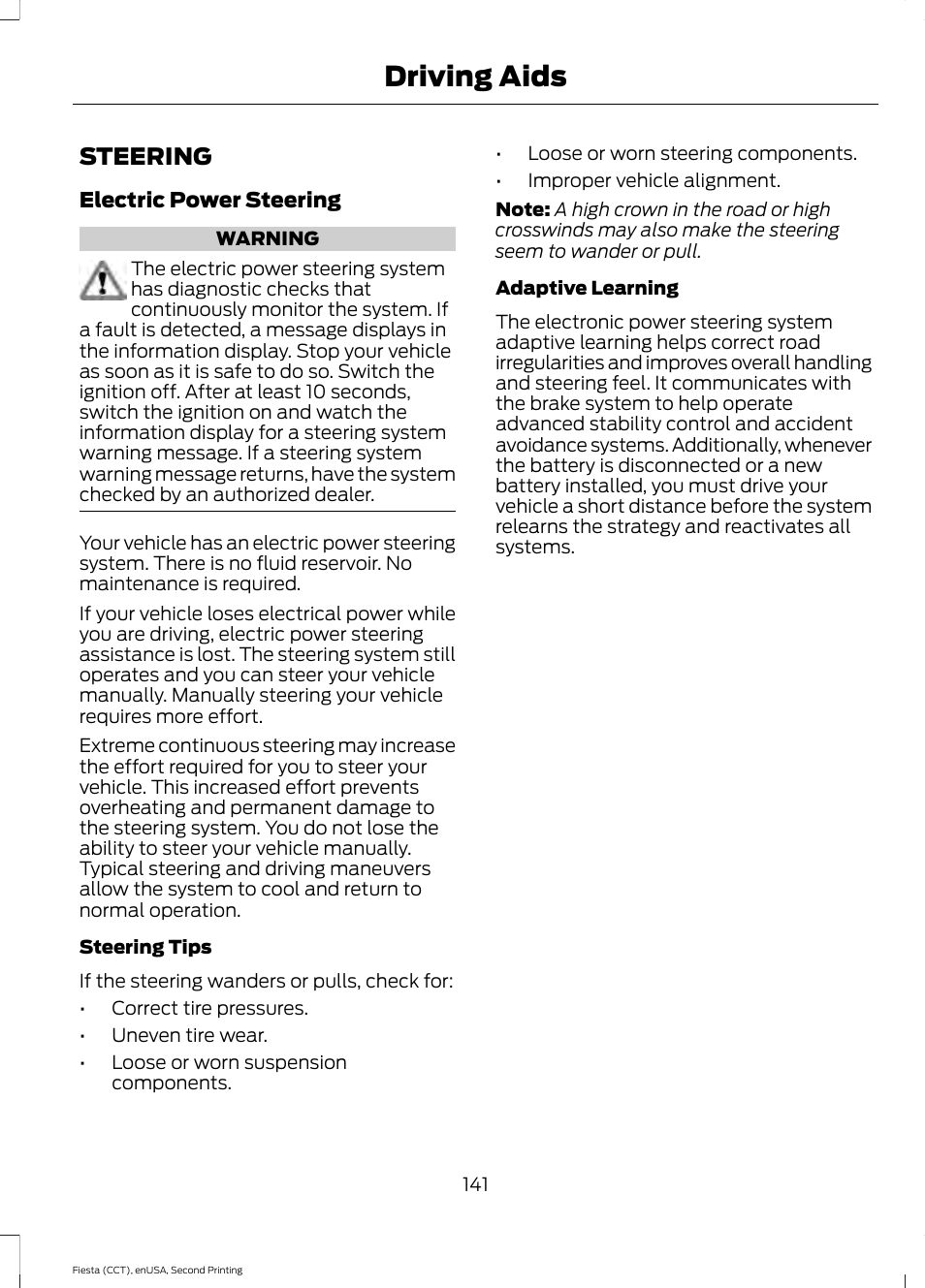 Driving aids, Steering | FORD 2015 Fiesta User Manual | Page 144 / 423