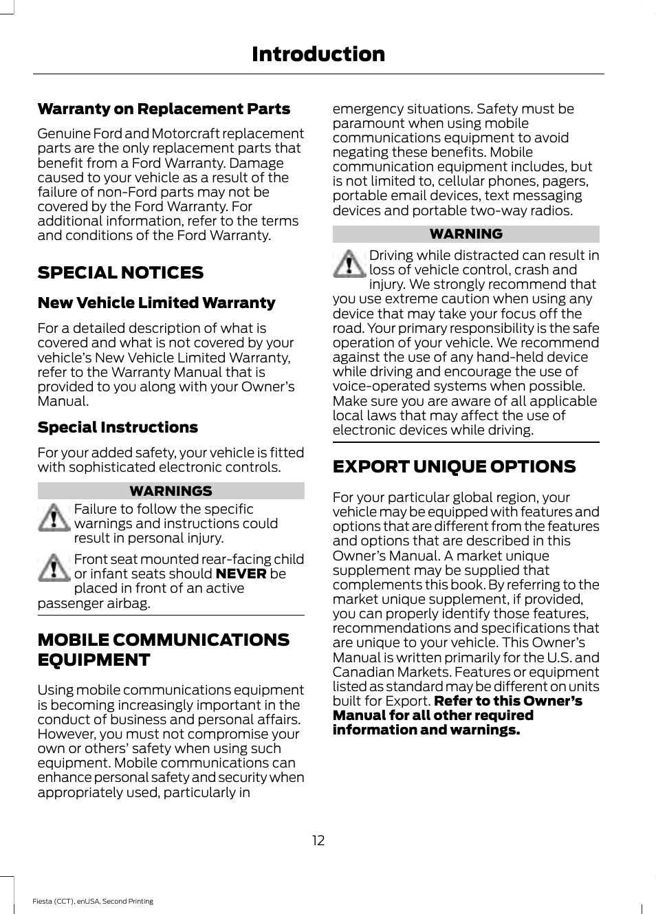 Special notices, Mobile communications equipment, Export unique options | Special notices mobile communications, Equipment, Introduction | FORD 2015 Fiesta User Manual | Page 15 / 423
