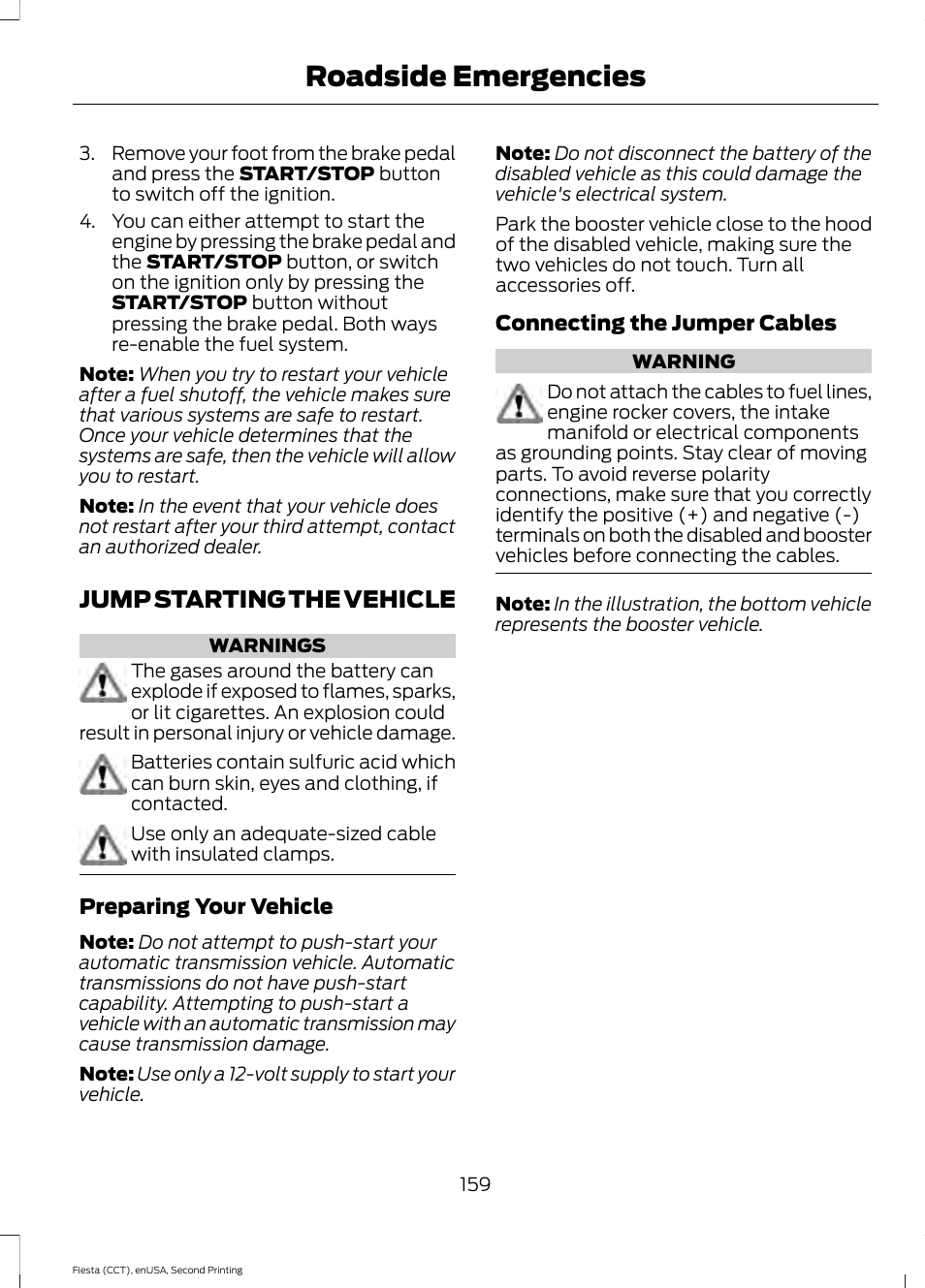 Jump starting the vehicle, Roadside emergencies | FORD 2015 Fiesta User Manual | Page 162 / 423