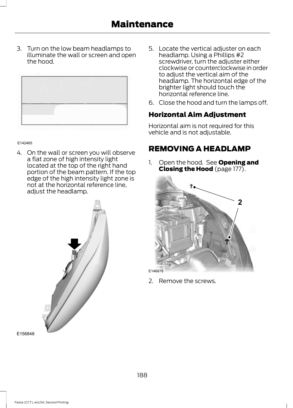 Removing a headlamp, Maintenance | FORD 2015 Fiesta User Manual | Page 191 / 423