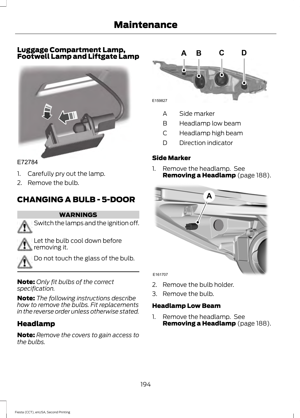 Changing a bulb, Changing a bulb - 5-door, Maintenance | Ba c d | FORD 2015 Fiesta User Manual | Page 197 / 423