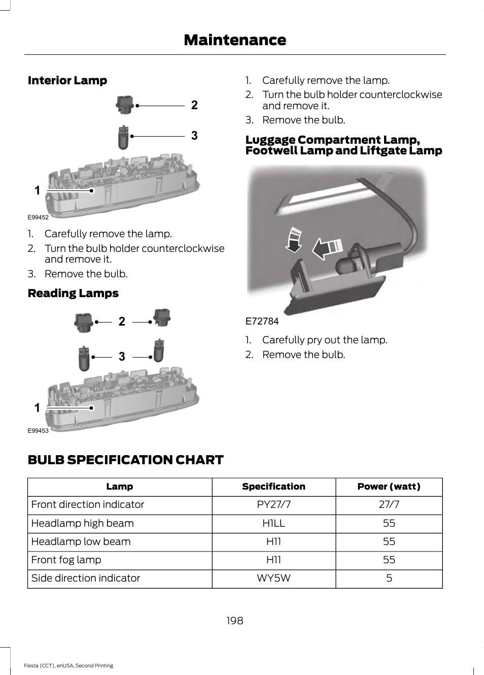 Bulb specification chart, Maintenance | FORD 2015 Fiesta User Manual | Page 201 / 423