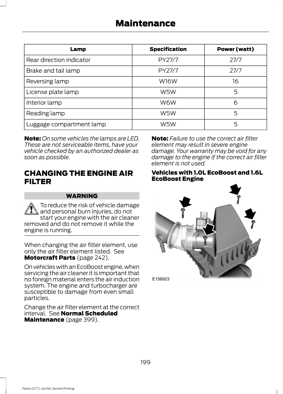 Changing the engine air filter, Maintenance | FORD 2015 Fiesta User Manual | Page 202 / 423