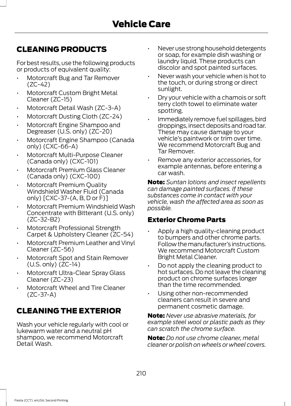 Vehicle care, Cleaning products, Cleaning the exterior | Cleaning products cleaning the exterior | FORD 2015 Fiesta User Manual | Page 213 / 423