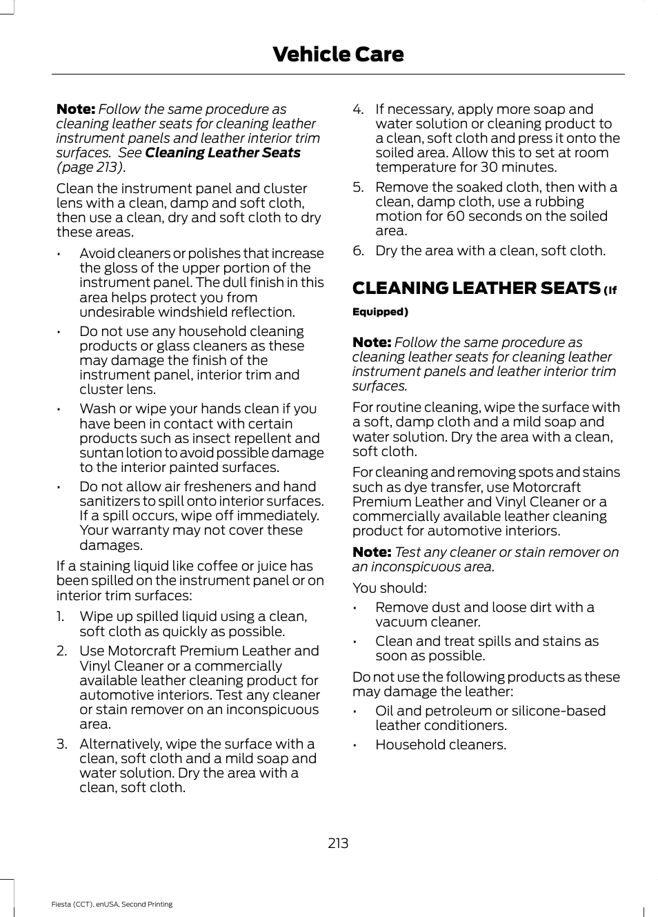 Cleaning leather seats, Vehicle care | FORD 2015 Fiesta User Manual | Page 216 / 423