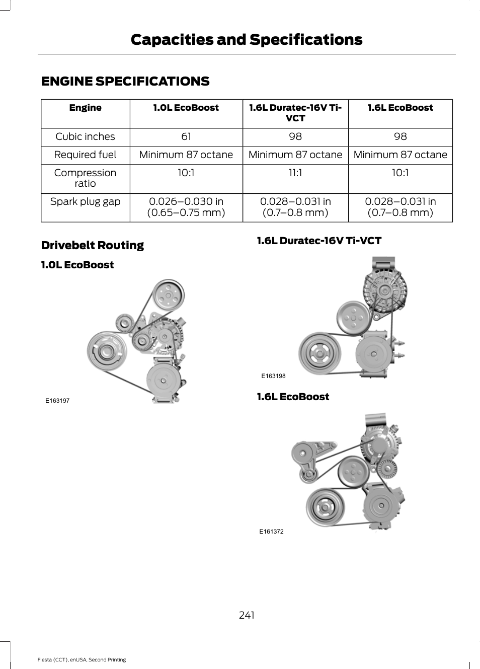 Capacities and specifications, Engine specifications, Capacities and specific | Ations | FORD 2015 Fiesta User Manual | Page 244 / 423