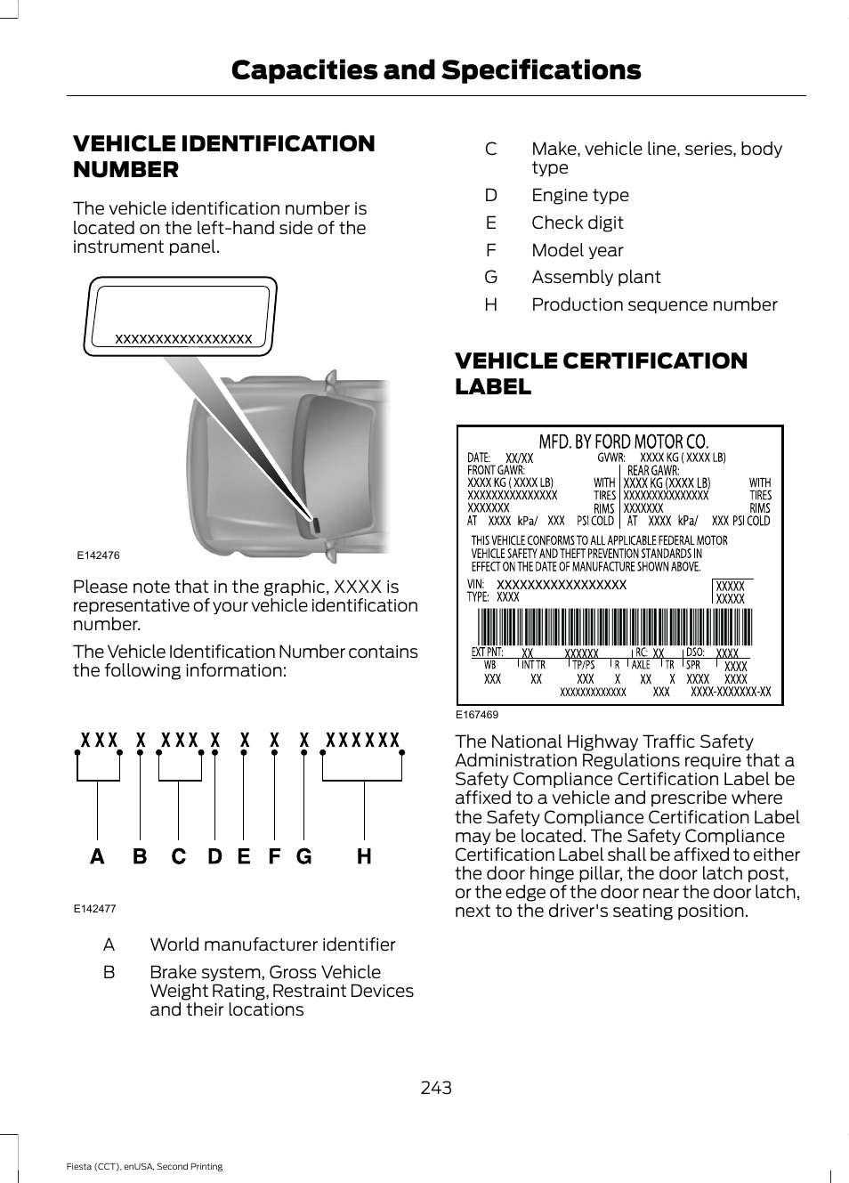 Vehicle identification number, Vehicle certification label, Capacities and specifications | FORD 2015 Fiesta User Manual | Page 246 / 423