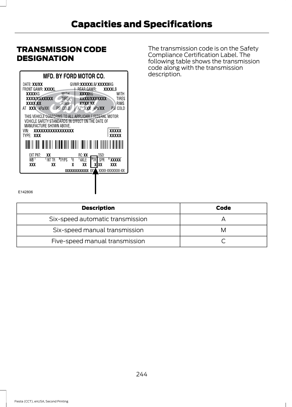 Transmission code designation, Capacities and specifications | FORD 2015 Fiesta User Manual | Page 247 / 423