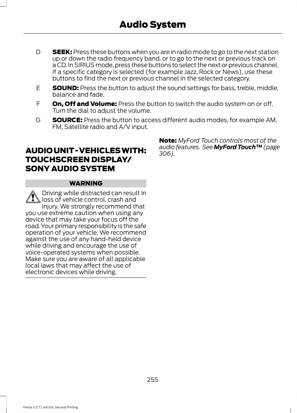 Audio unit, Audio unit - vehicles with: touchscreen, Display/sony audio system | Audio system | FORD 2015 Fiesta User Manual | Page 258 / 423