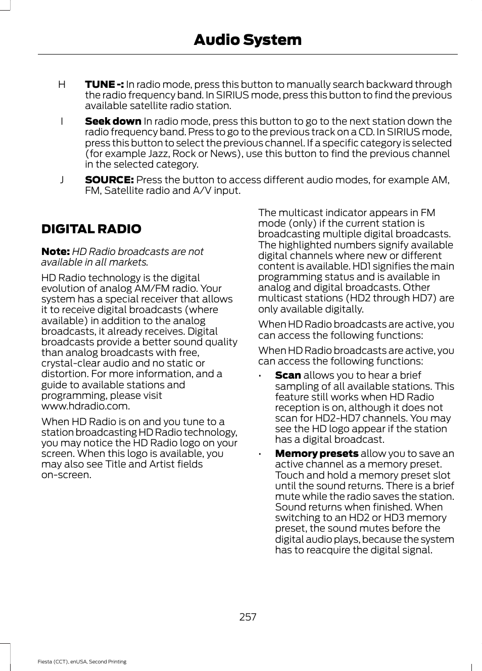 Digital radio, Audio system | FORD 2015 Fiesta User Manual | Page 260 / 423