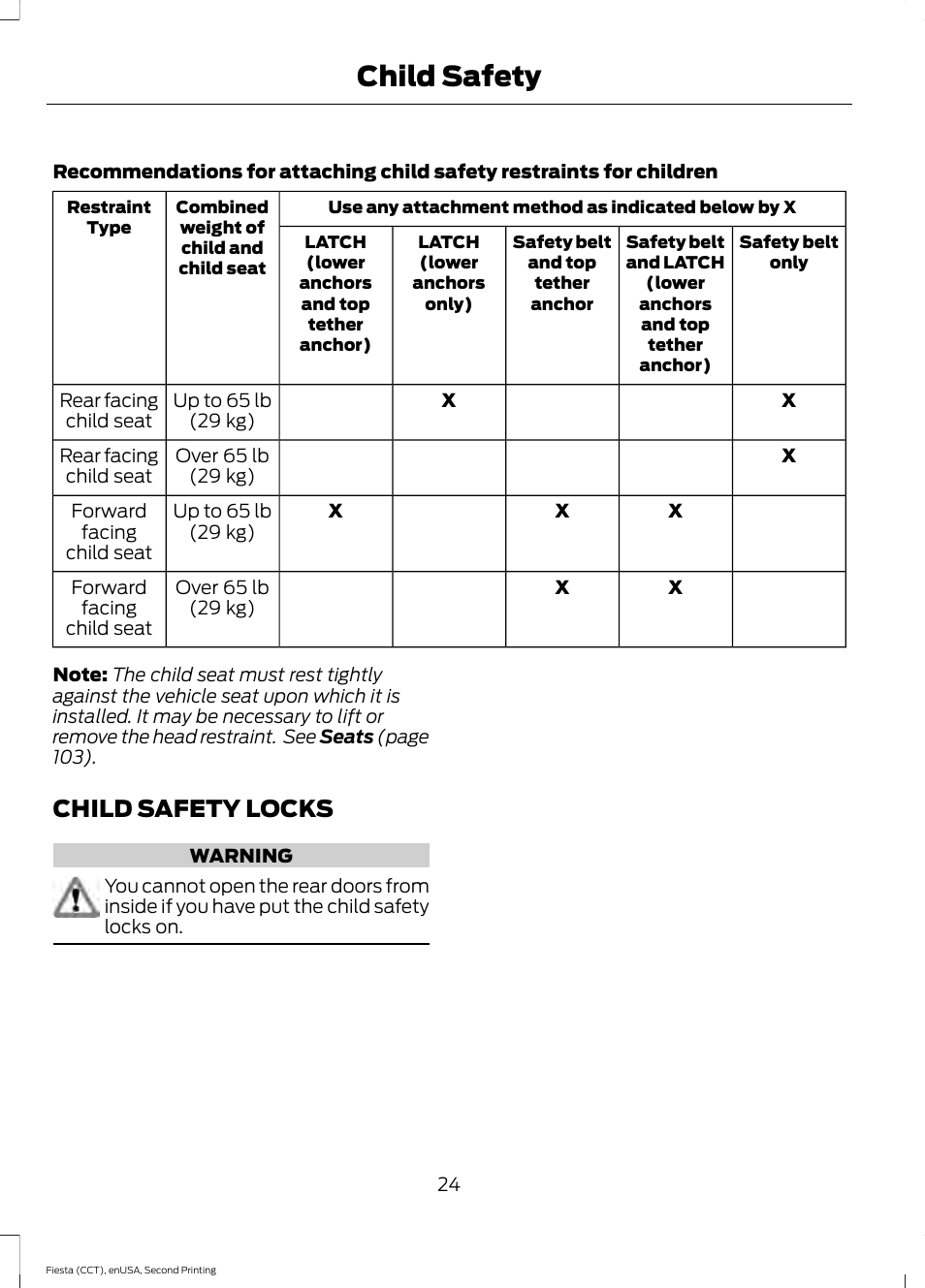 Child safety locks, Child safety | FORD 2015 Fiesta User Manual | Page 27 / 423