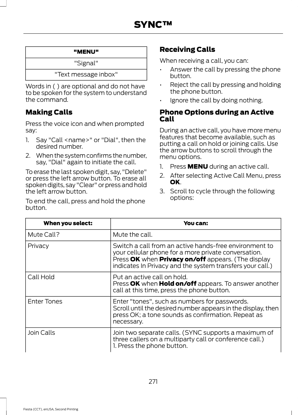 Sync | FORD 2015 Fiesta User Manual | Page 274 / 423