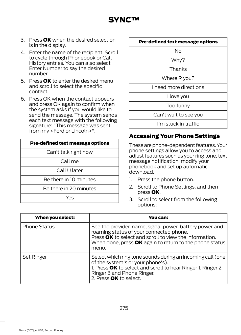 Sync | FORD 2015 Fiesta User Manual | Page 278 / 423