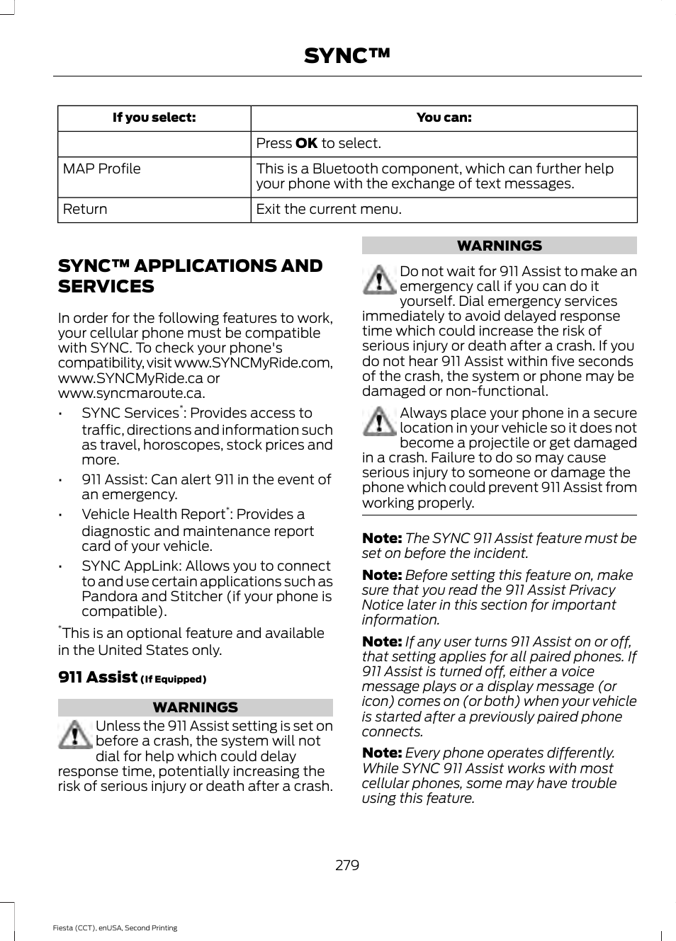 Sync™ applications and services, Sync | FORD 2015 Fiesta User Manual | Page 282 / 423