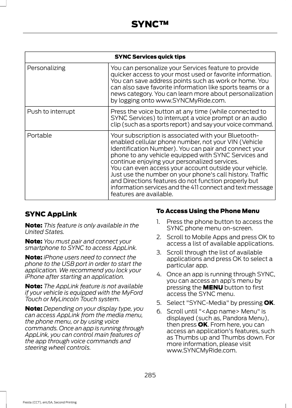 Sync | FORD 2015 Fiesta User Manual | Page 288 / 423