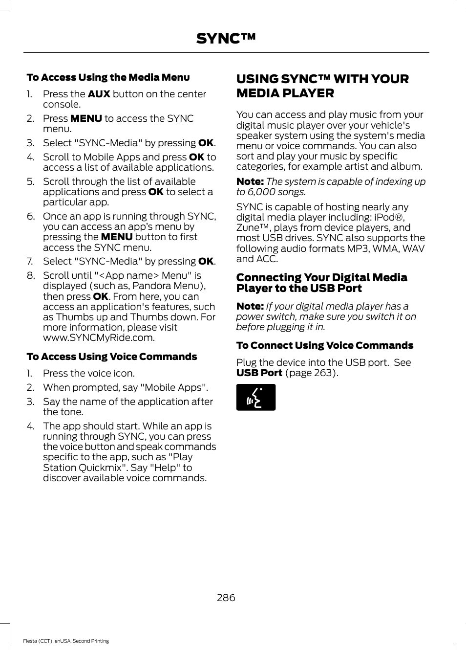 Using sync™ with your media player, Using sync™ with your media, Player | Sync | FORD 2015 Fiesta User Manual | Page 289 / 423