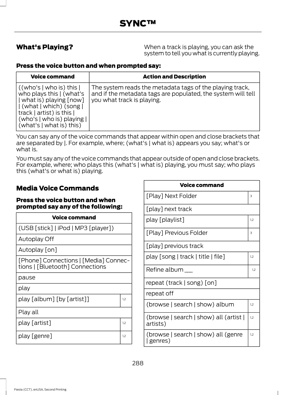 Sync, What's playing, Media voice commands | FORD 2015 Fiesta User Manual | Page 291 / 423