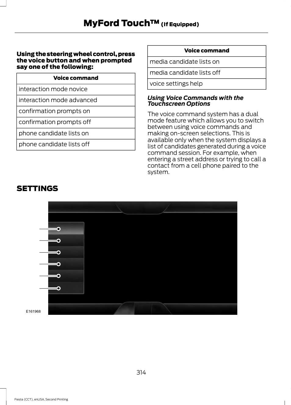 Settings, Myford touch | FORD 2015 Fiesta User Manual | Page 317 / 423