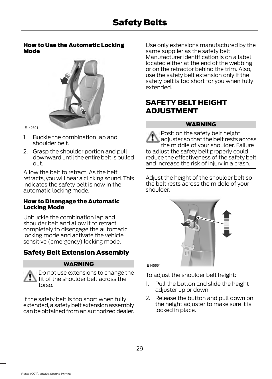 Safety belt height adjustment, Safety belts | FORD 2015 Fiesta User Manual | Page 32 / 423