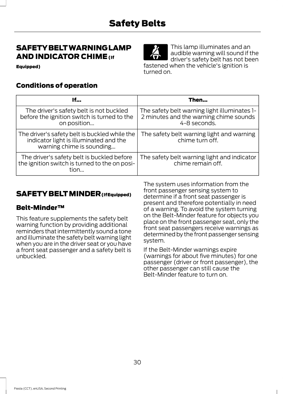 Safety belt warning lamp and indicator chime, Safety belt minder, Safety belt warning lamp and indicator | Chime, Safety belts | FORD 2015 Fiesta User Manual | Page 33 / 423