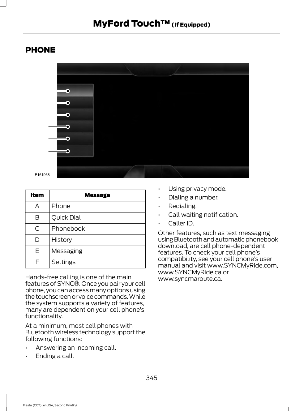 Phone, Myford touch | FORD 2015 Fiesta User Manual | Page 348 / 423