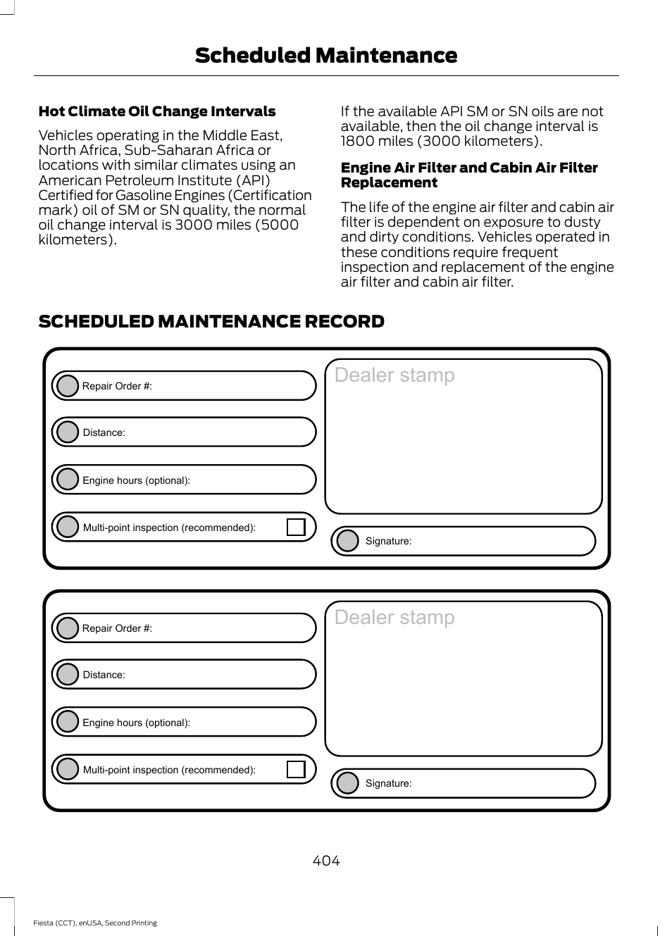 Scheduled maintenance record, Dealer stamp, Scheduled maintenance | FORD 2015 Fiesta User Manual | Page 407 / 423