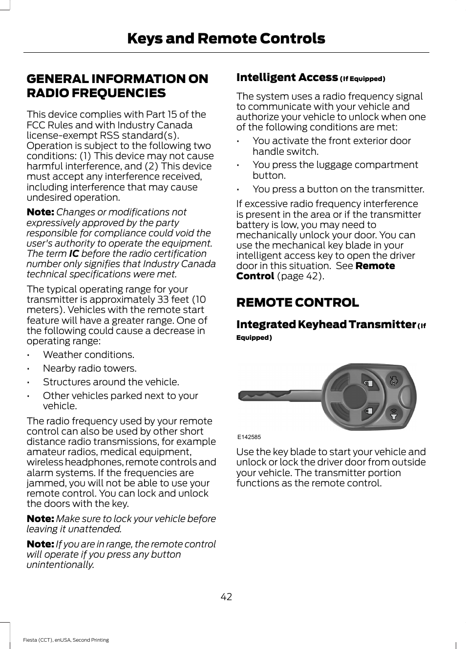 Keys and remote controls, General information on radio frequencies, Remote control | General information on radio, Frequencies | FORD 2015 Fiesta User Manual | Page 45 / 423