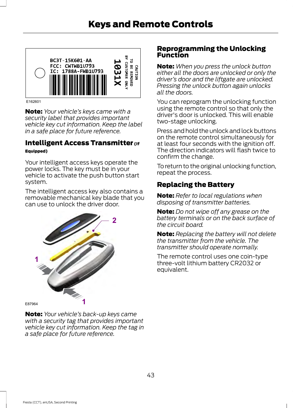 Keys and remote controls | FORD 2015 Fiesta User Manual | Page 46 / 423