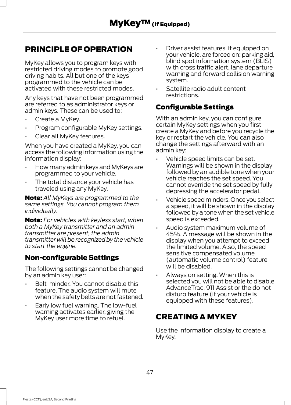 Mykey, Principle of operation, Creating a mykey | Principle of operation creating a mykey | FORD 2015 Fiesta User Manual | Page 50 / 423