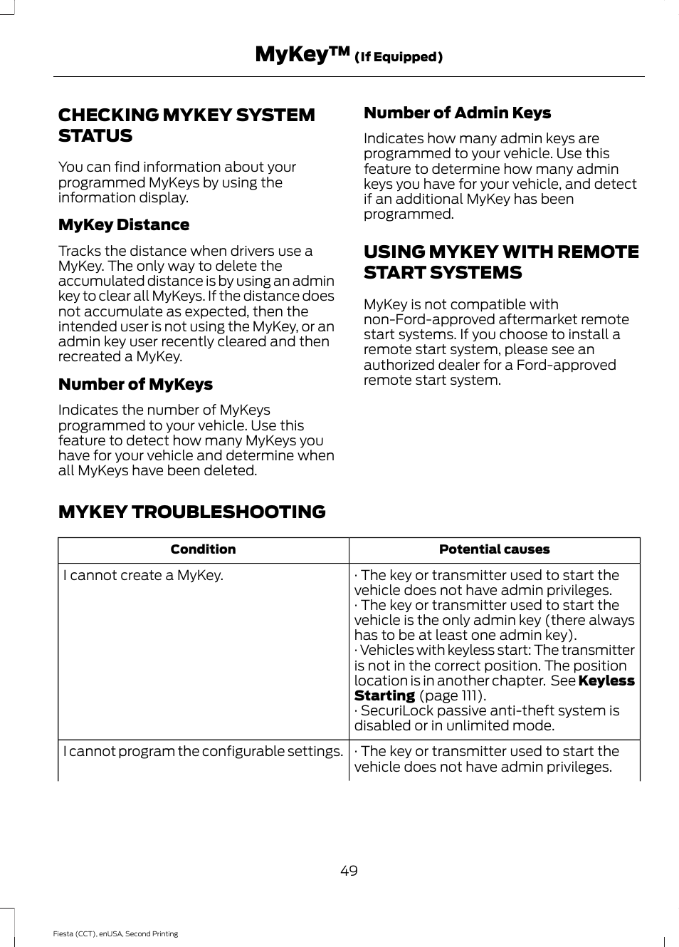 Checking mykey system status, Using mykey with remote start systems, Mykey troubleshooting | Systems, Mykey | FORD 2015 Fiesta User Manual | Page 52 / 423