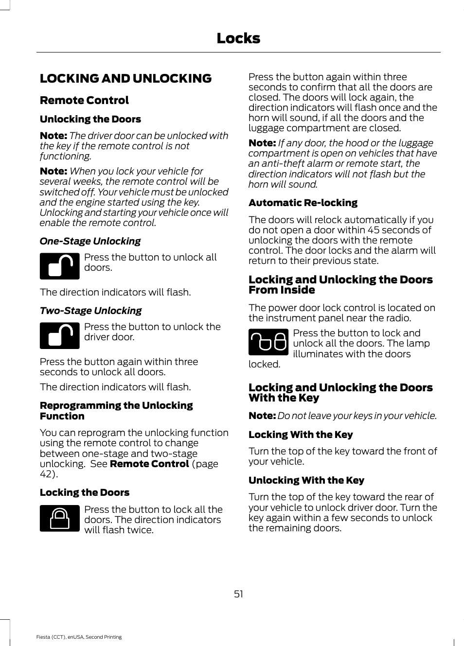 Locks, Locking and unlocking | FORD 2015 Fiesta User Manual | Page 54 / 423