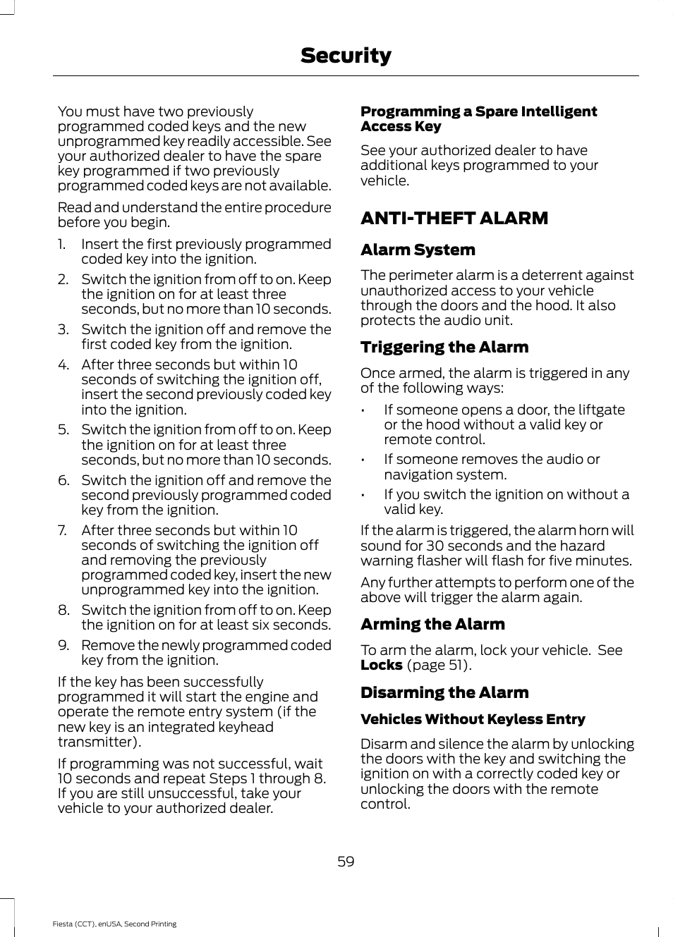 Anti-theft alarm, Security | FORD 2015 Fiesta User Manual | Page 62 / 423
