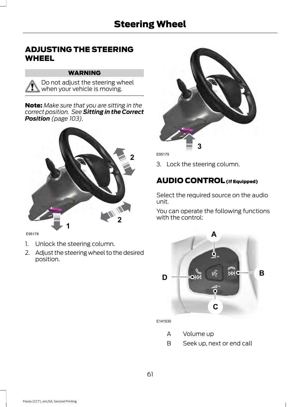 Steering wheel, Adjusting the steering wheel, Audio control | Adjusting the steering wheel audio control, Ab c d | FORD 2015 Fiesta User Manual | Page 64 / 423