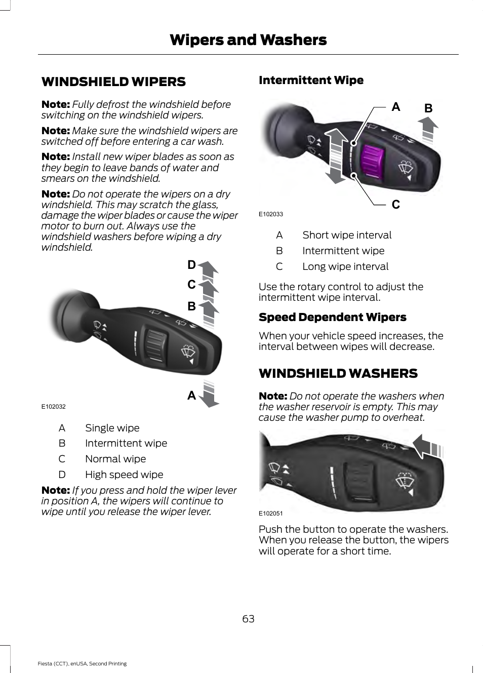 Wipers and washers, Windshield wipers, Windshield washers | Ba c d, Ab c | FORD 2015 Fiesta User Manual | Page 66 / 423