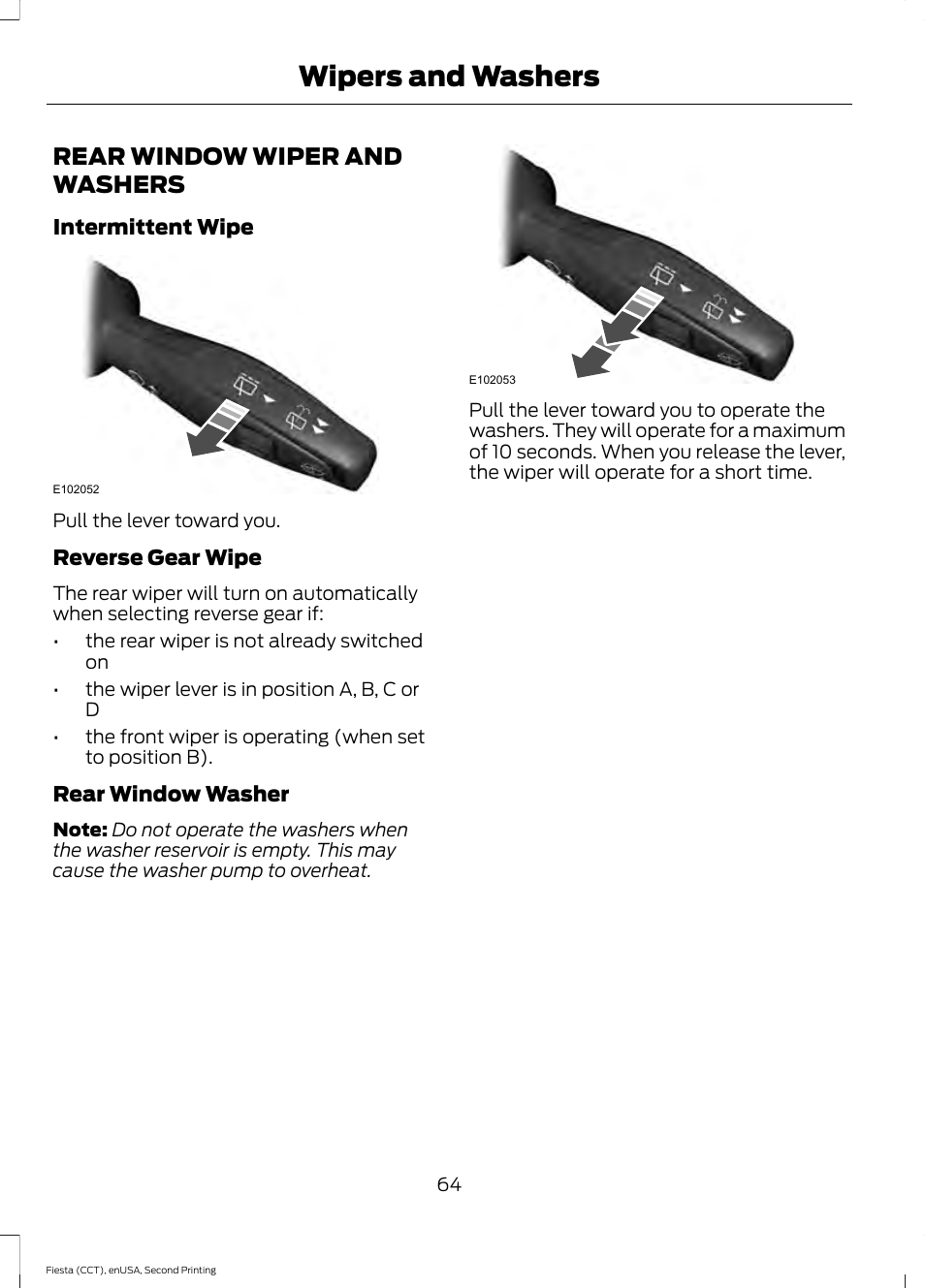 Rear window wiper and washers, Wipers and washers | FORD 2015 Fiesta User Manual | Page 67 / 423