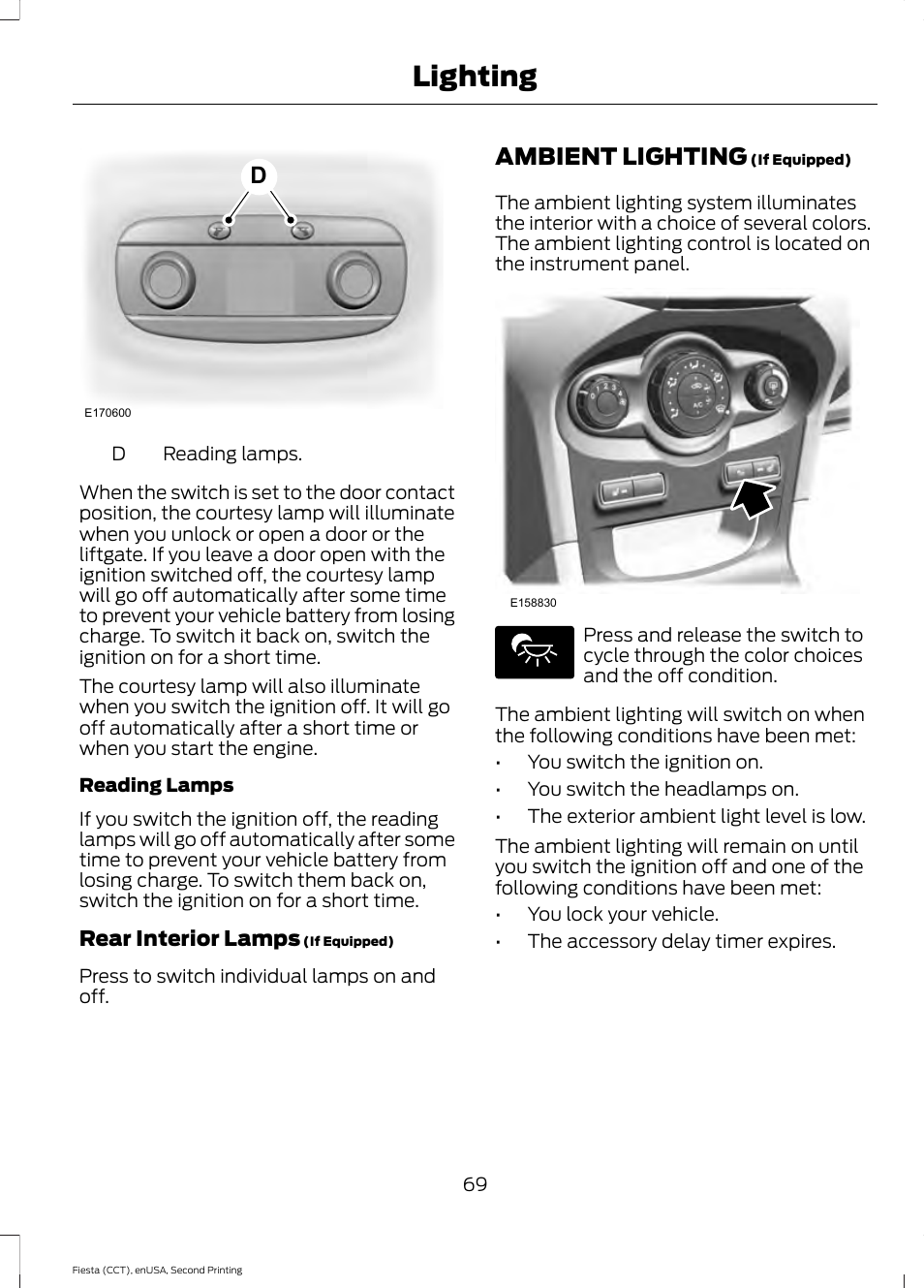 Ambient lighting, Lighting | FORD 2015 Fiesta User Manual | Page 72 / 423