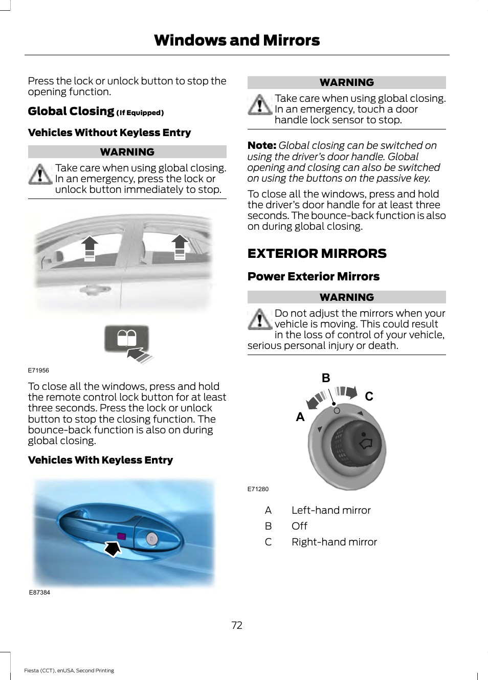 Exterior mirrors, Windows and mirrors, Bc a | FORD 2015 Fiesta User Manual | Page 75 / 423