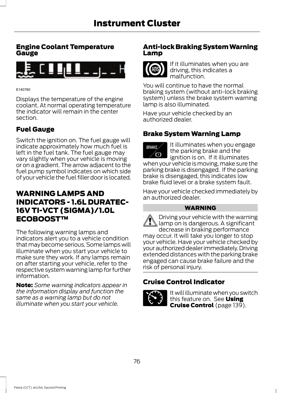 Warning lamps and indicators, Warning lamps and indicators - 1.6l, Duratec-16v ti-vct (sigma)/1.0l ecoboost | Instrument cluster | FORD 2015 Fiesta User Manual | Page 79 / 423