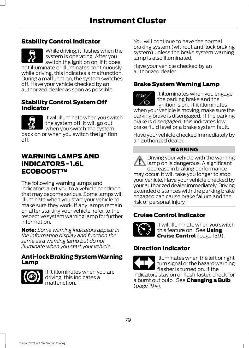 Warning lamps and indicators, Warning lamps and indicators - 1.6l, Ecoboost | Instrument cluster, Warning lamps and indicators - 1.6l ecoboost | FORD 2015 Fiesta User Manual | Page 82 / 423