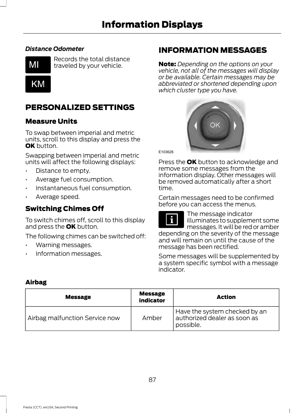 Personalized settings, Information messages, Personalized settings information messages | Information displays | FORD 2015 Fiesta User Manual | Page 90 / 423