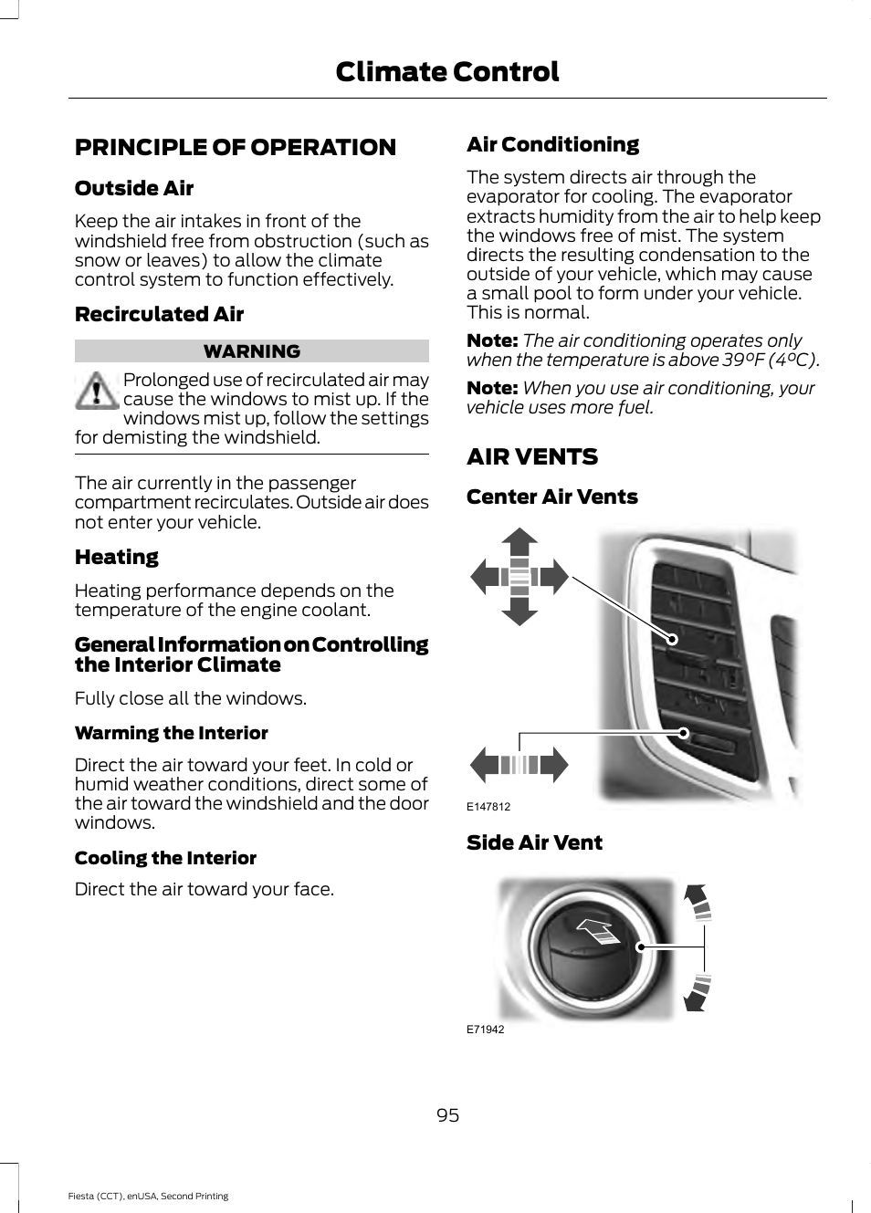 Climate control, Principle of operation, Air vents | FORD 2015 Fiesta User Manual | Page 98 / 423