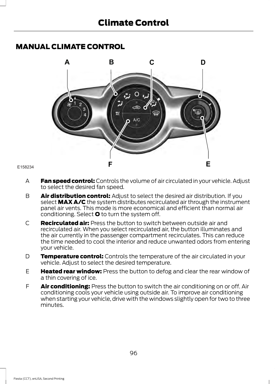 Manual climate control, Climate control | FORD 2015 Fiesta User Manual | Page 99 / 423