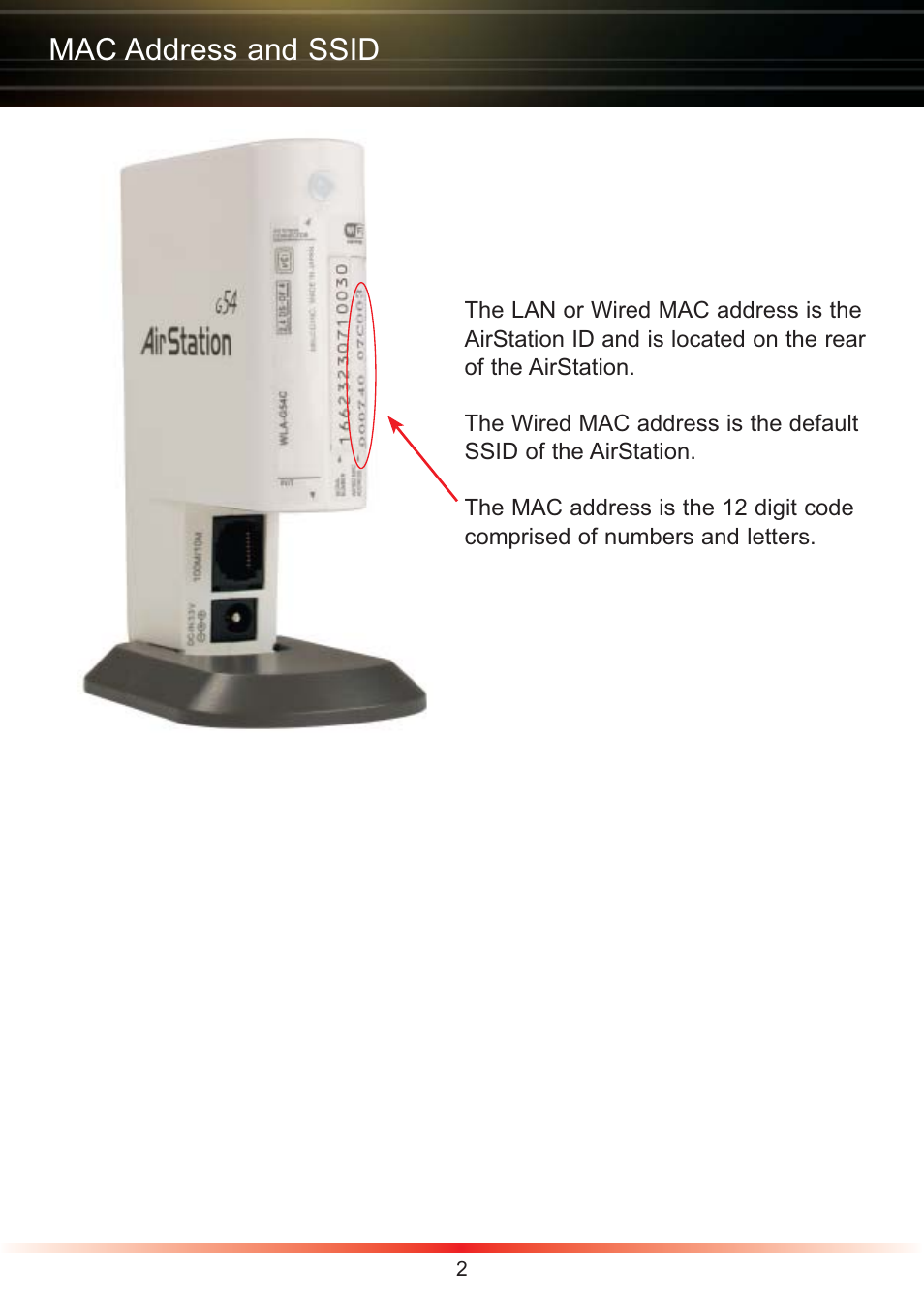 Mac address and ssid | Buffalo Technology Buffalo AirStation WLA2-G54C User Manual | Page 2 / 10