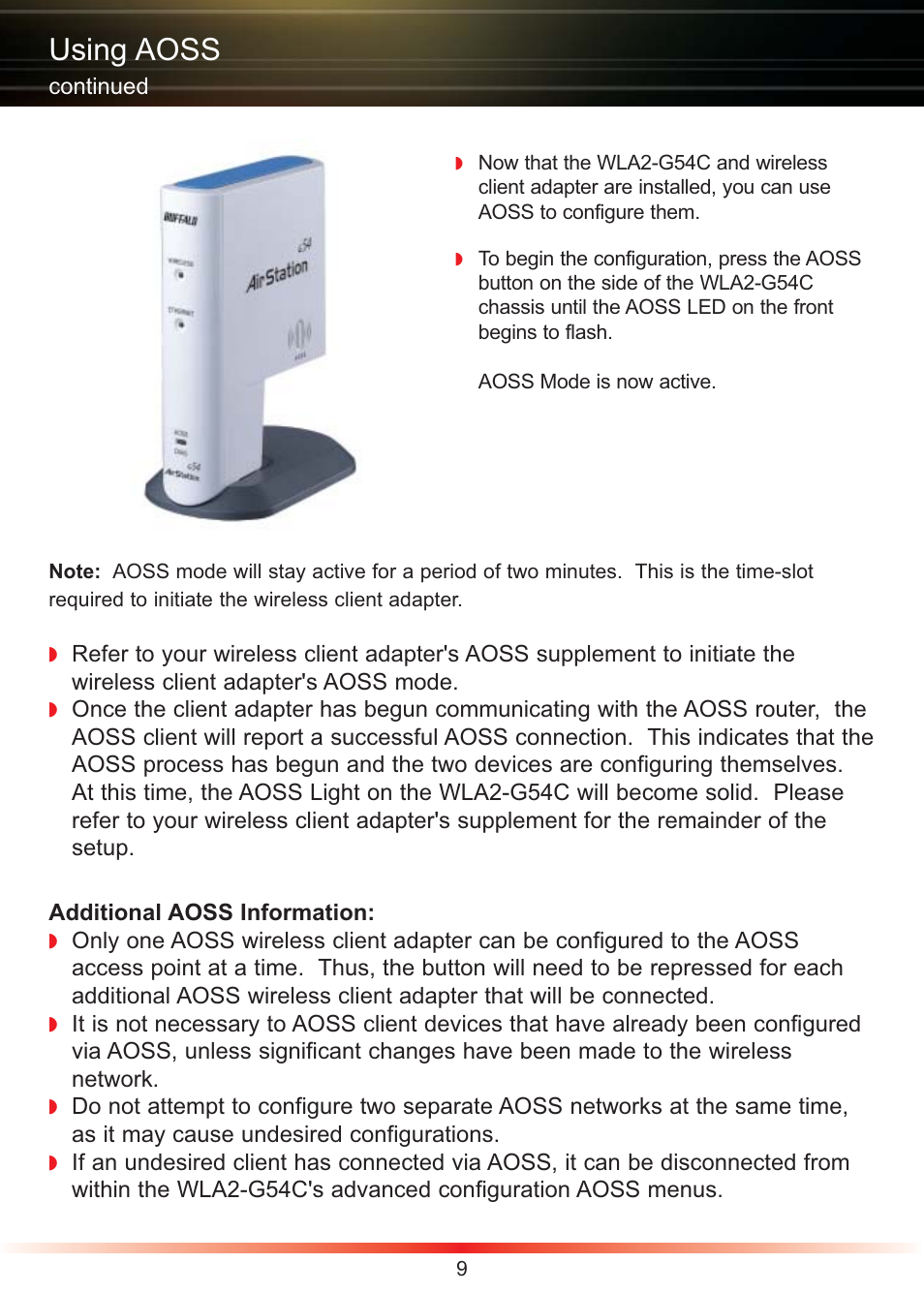 Using aoss | Buffalo Technology Buffalo AirStation WLA2-G54C User Manual | Page 9 / 10