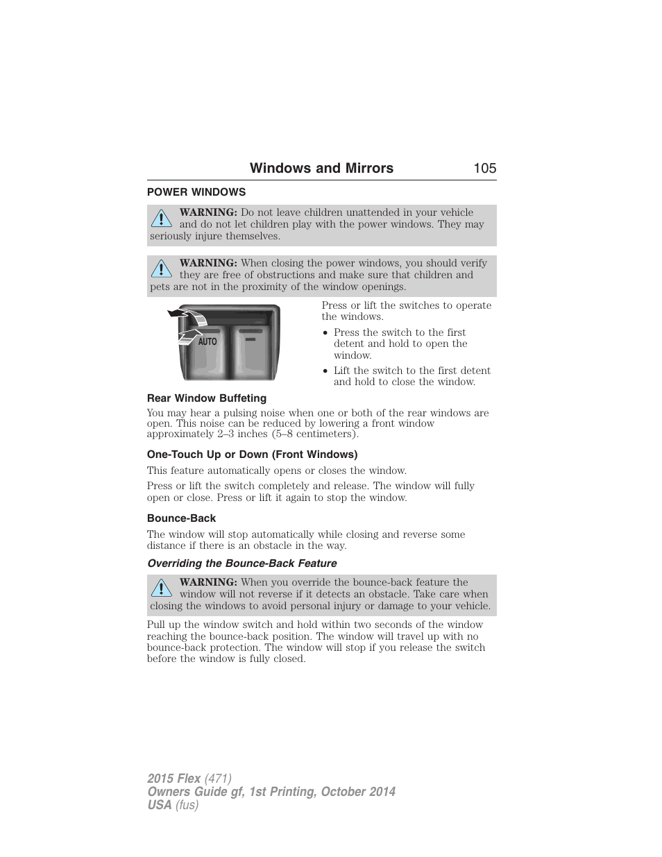 Windows and mirrors, Power windows, Rear window buffeting | One-touch up or down (front windows), Bounce-back, Overriding the bounce-back feature, Windows and mirrors 105 | FORD 2015 Flex User Manual | Page 106 / 571